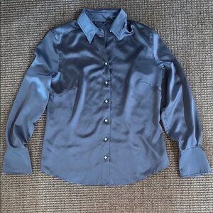 Ann Taylor Sleek Gray Satin Button-Up Shirt with Pearly Buttons 8
